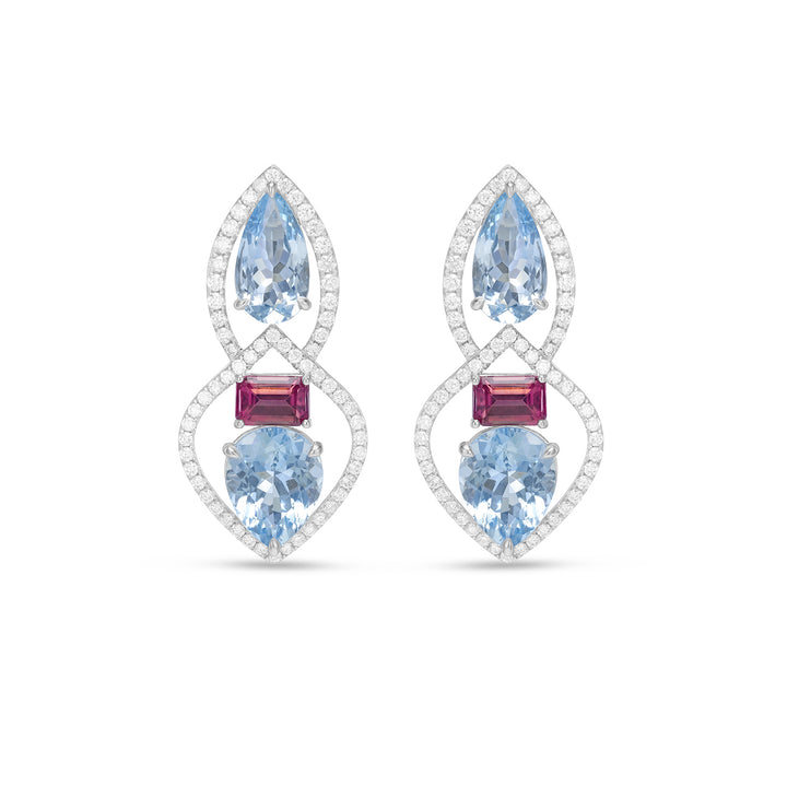 14K White Gold Aquamarine, Tourmaline & Diamond Halo Drop Earrings - 14K White Gold Aquamarine, Tourmaline & Diamond Halo Drop Earrings