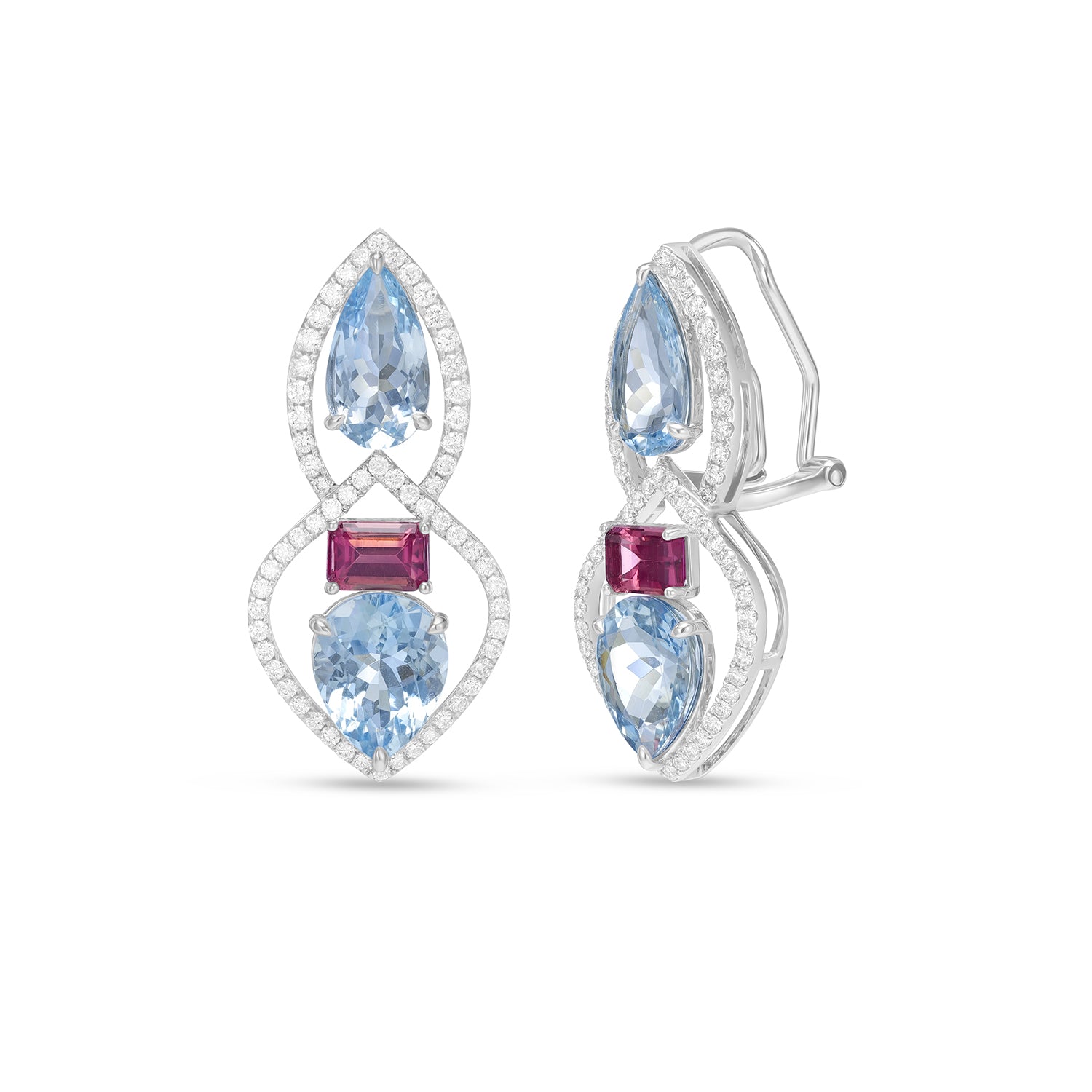 14K White Gold Aquamarine, Tourmaline & Diamond Halo Drop Earrings