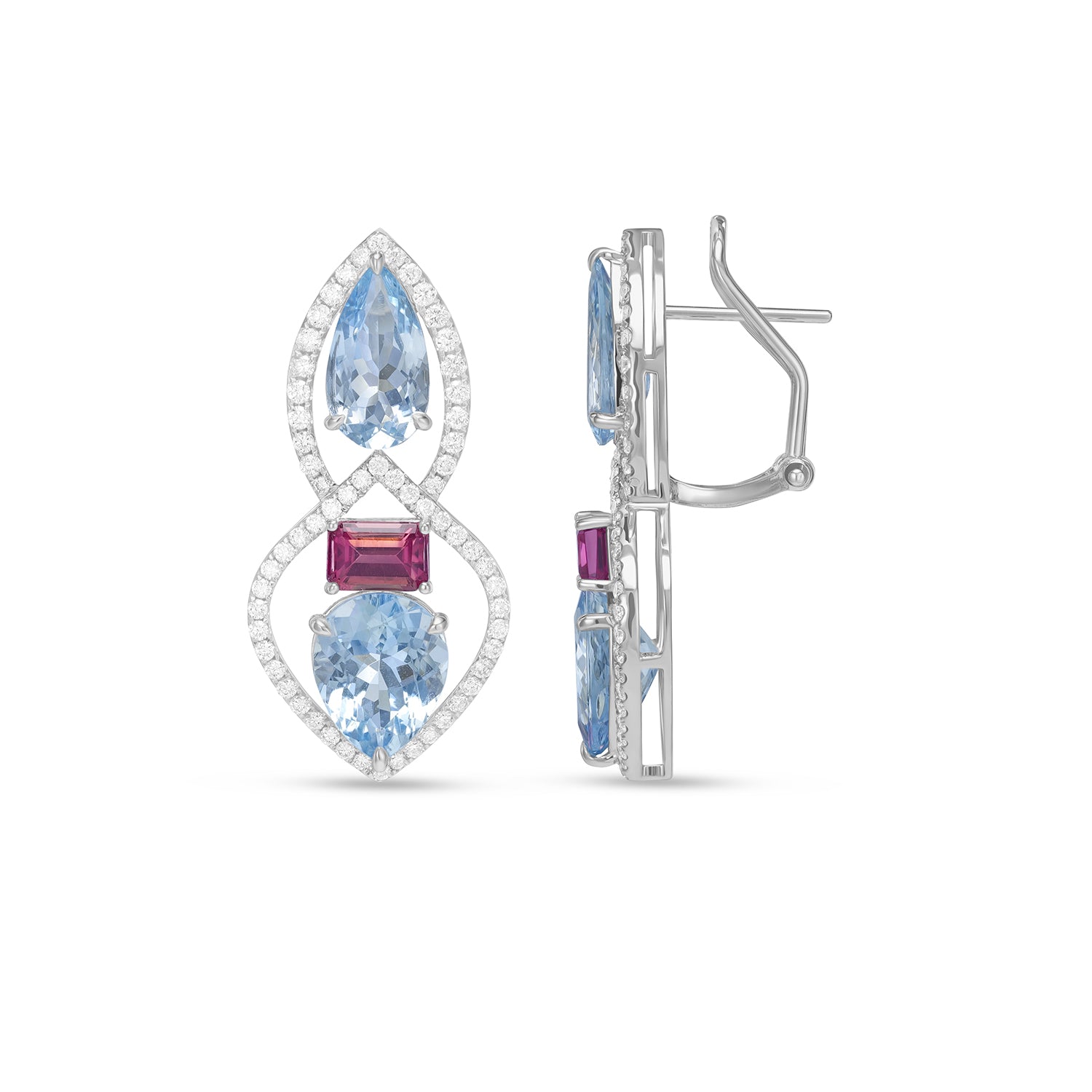 14K White Gold Aquamarine, Tourmaline & Diamond Halo Drop Earrings
