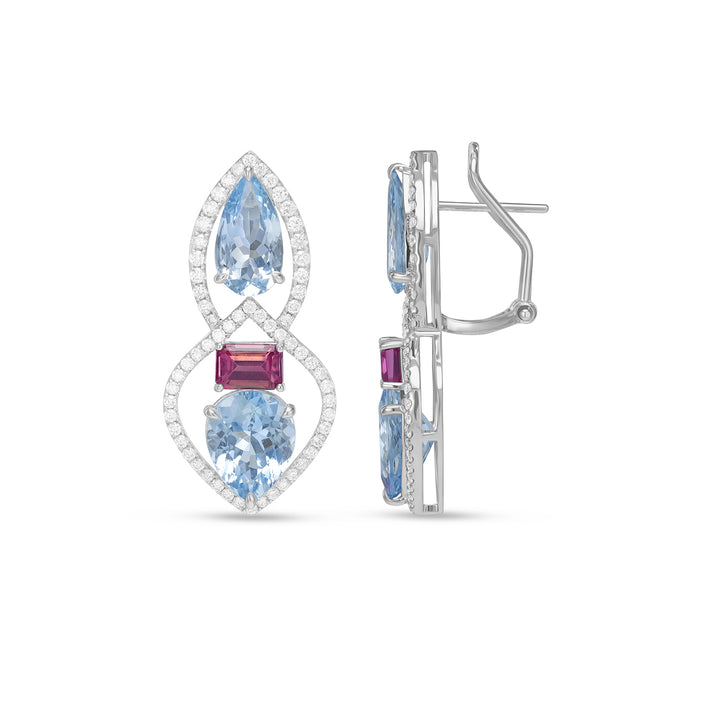 14K White Gold Aquamarine, Tourmaline & Diamond Halo Drop Earrings