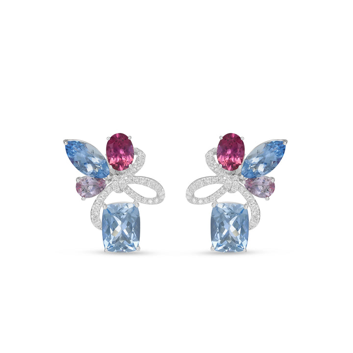 Multi-Shape Aquamarine, Tourmaline & Morganite Floral Drop Earrings in 14K White Gold with Diamond Accents - Multi-Shape Aquamarine, Tourmaline & Morganite Floral Drop Earrings in 14K White Gold with Diamond Accents
