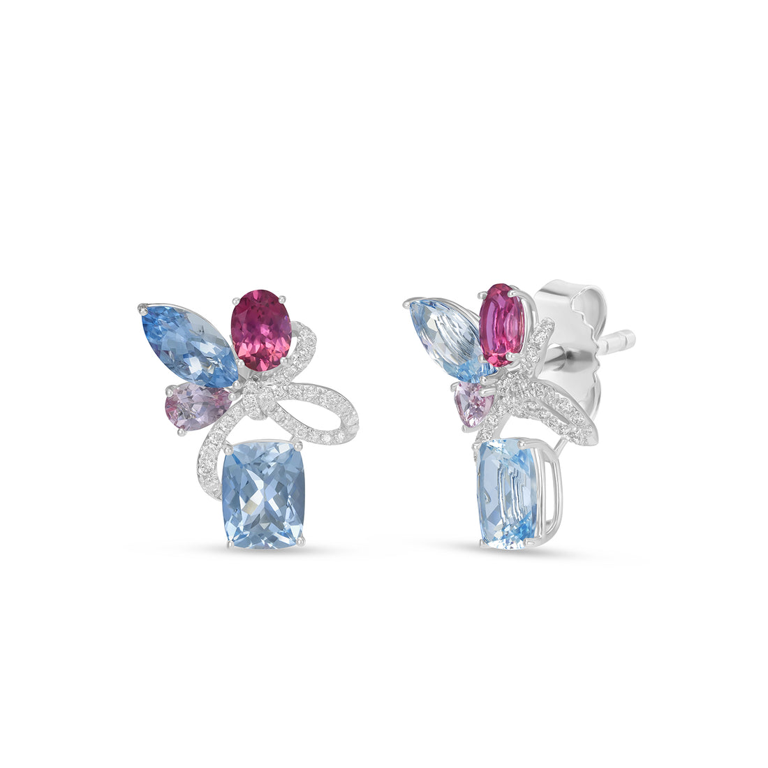 Multi-Shape Aquamarine, Tourmaline & Morganite Floral Drop Earrings in 14K White Gold with Diamond Accents