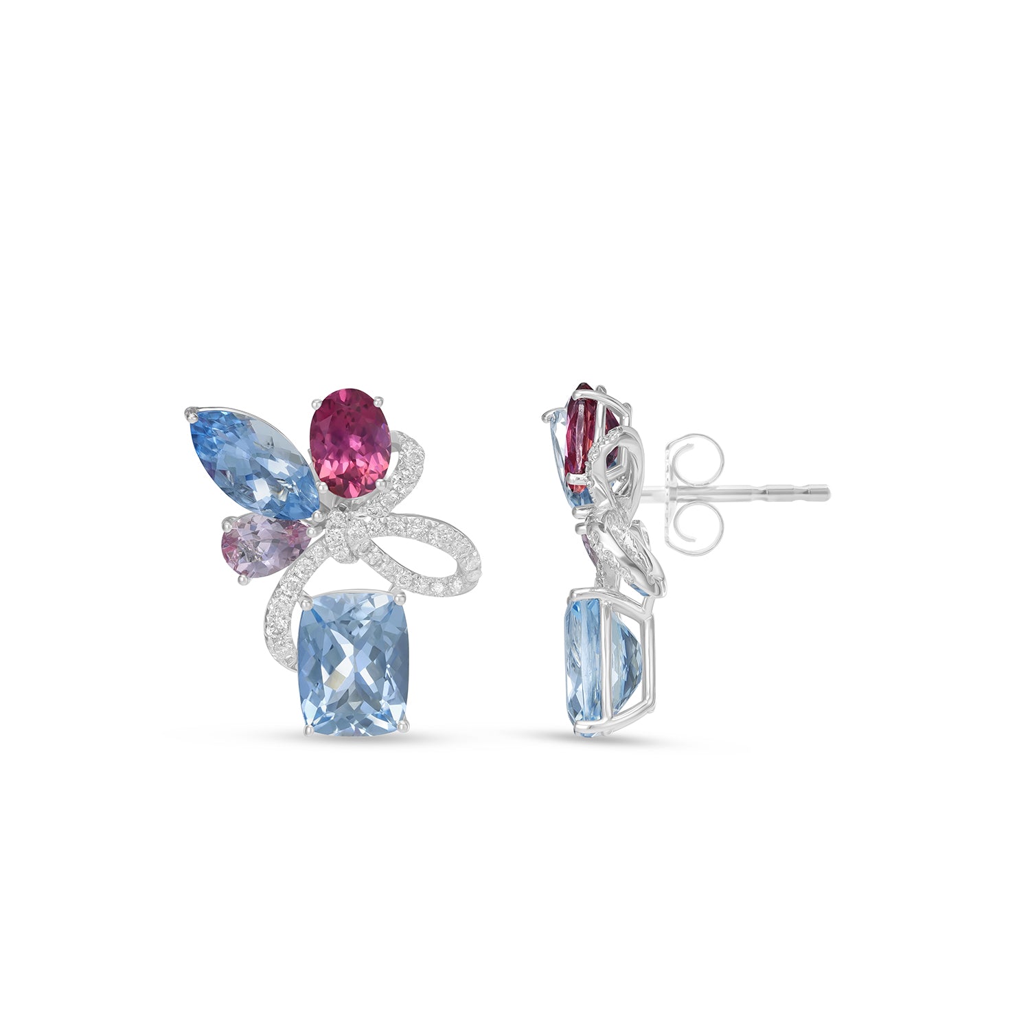 Multi-Shape Aquamarine, Tourmaline & Morganite Floral Drop Earrings in 14K White Gold with Diamond Accents