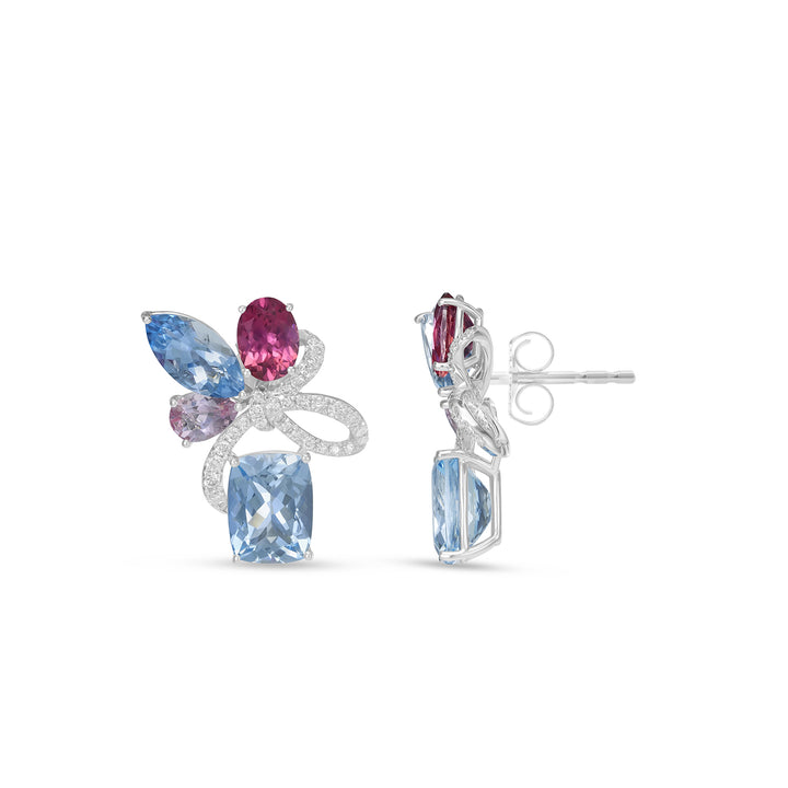 Multi-Shape Aquamarine, Tourmaline & Morganite Floral Drop Earrings in 14K White Gold with Diamond Accents