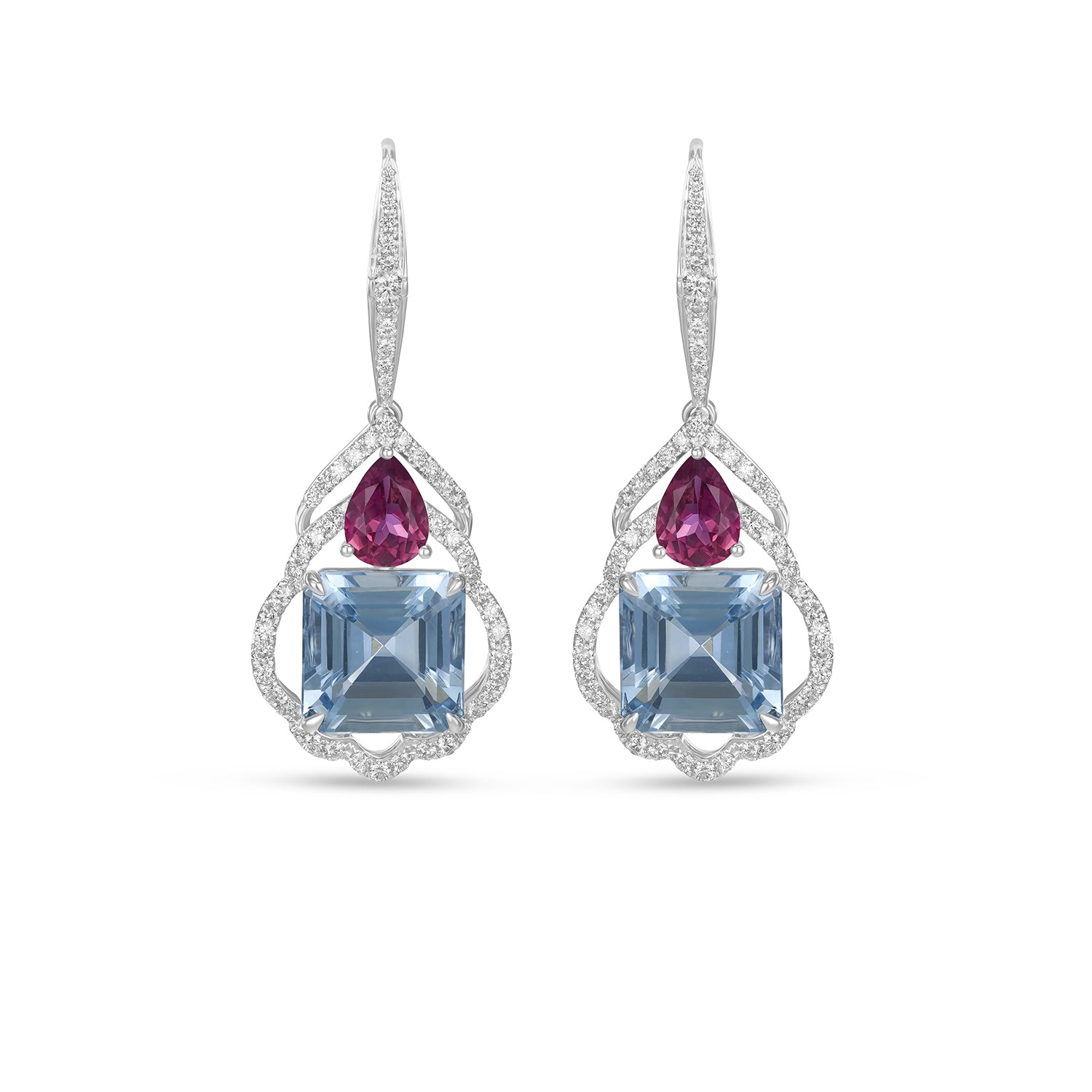 Aquamarine & Pink Tourmaline Drop Earrings with Diamond Halo in 14K White Gold