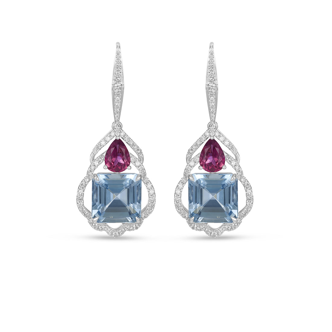 Aquamarine & Pink Tourmaline Drop Earrings with Diamond Halo in 14K White Gold