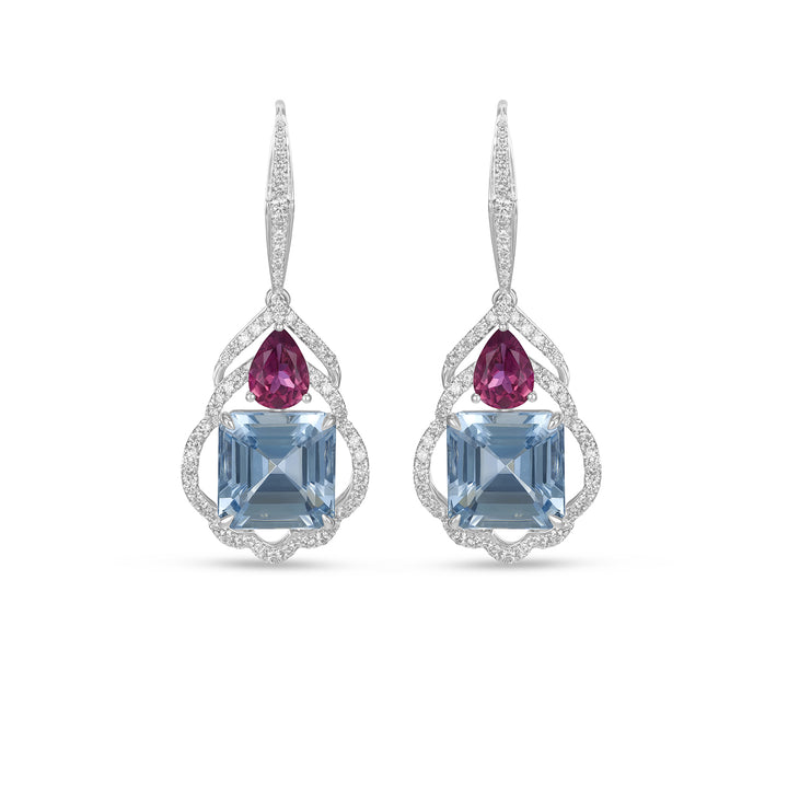 Aquamarine & Pink Tourmaline Drop Earrings with Diamond Halo in 14K White Gold - Aquamarine & Pink Tourmaline Drop Earrings with Diamond Halo in 14K White Gold