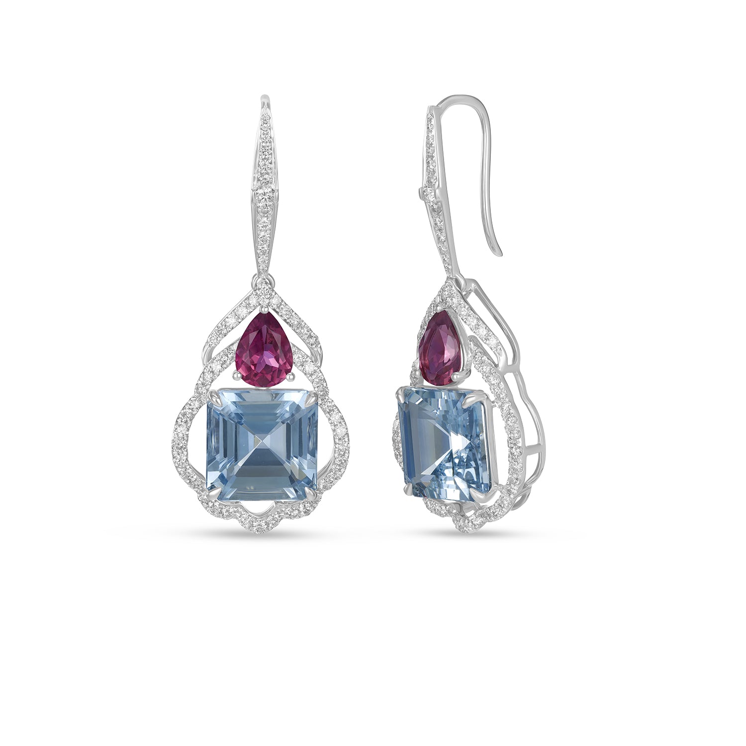 Aquamarine & Pink Tourmaline Drop Earrings with Diamond Halo in 14K White Gold