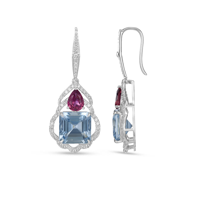 Aquamarine & Pink Tourmaline Drop Earrings with Diamond Halo in 14K White Gold