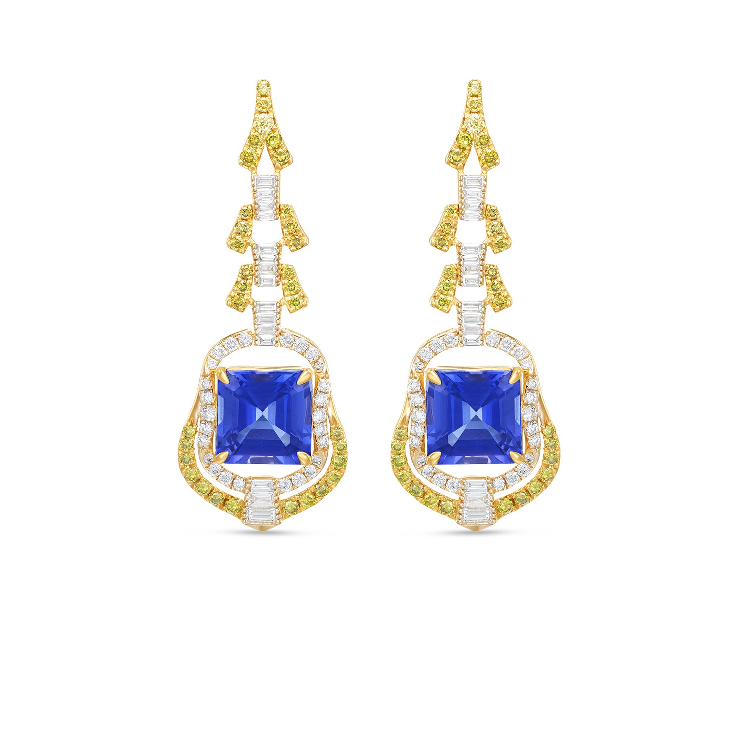 14K Yellow Gold Cushion Cut Tanzanite Diamond Drop Earrings