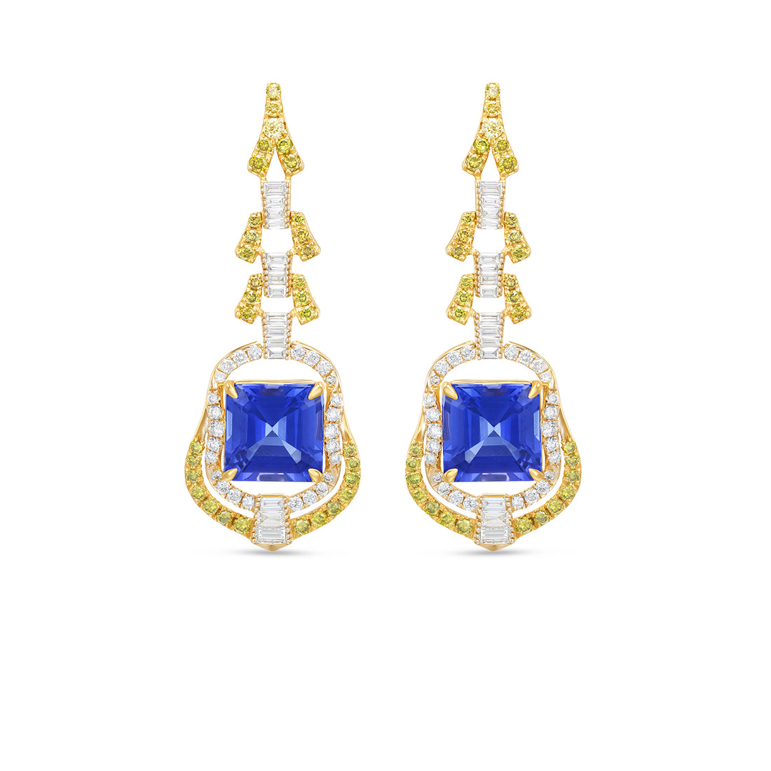 14K Yellow Gold Cushion Cut Tanzanite Diamond Drop Earrings