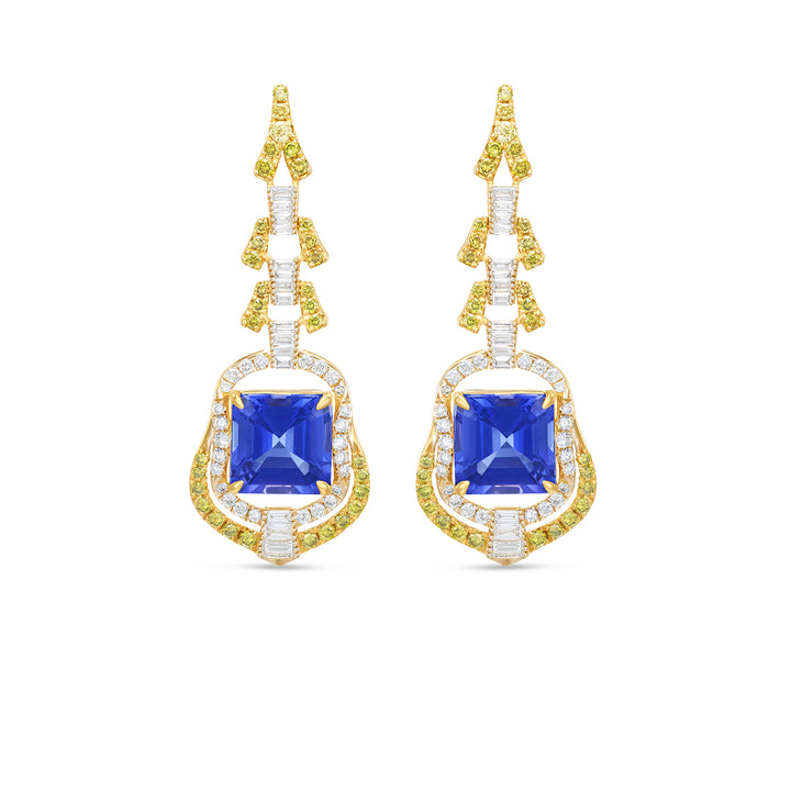 14K Yellow Gold Cushion Cut Tanzanite Diamond Drop Earrings - 14K Yellow Gold Cushion Cut Tanzanite Diamond Drop Earrings