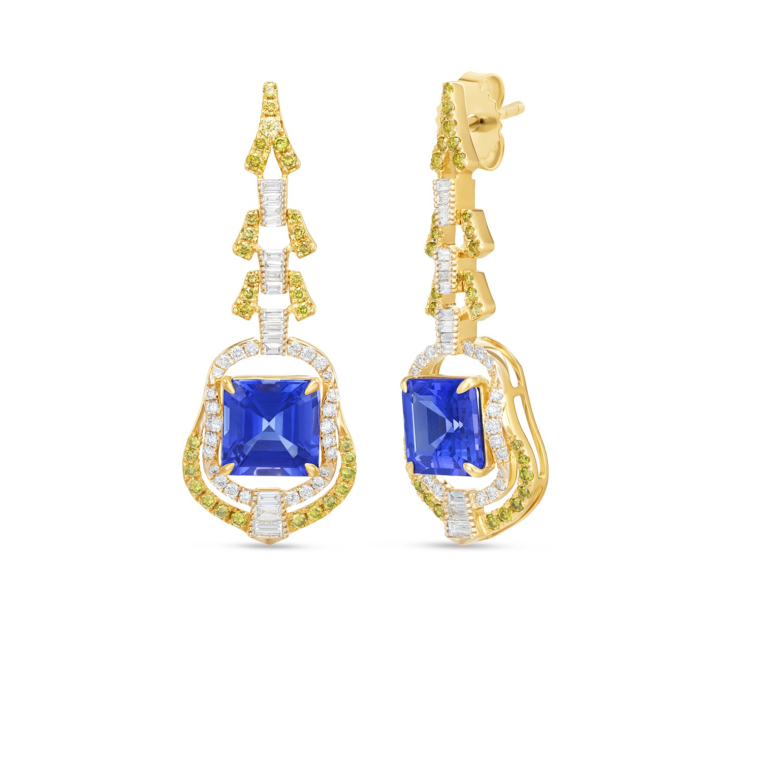 14K Yellow Gold Cushion Cut Tanzanite Diamond Drop Earrings