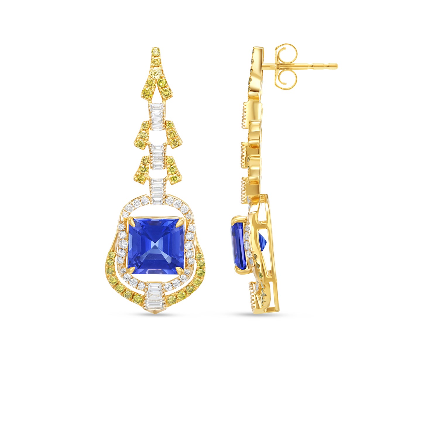 14K Yellow Gold Cushion Cut Tanzanite Diamond Drop Earrings