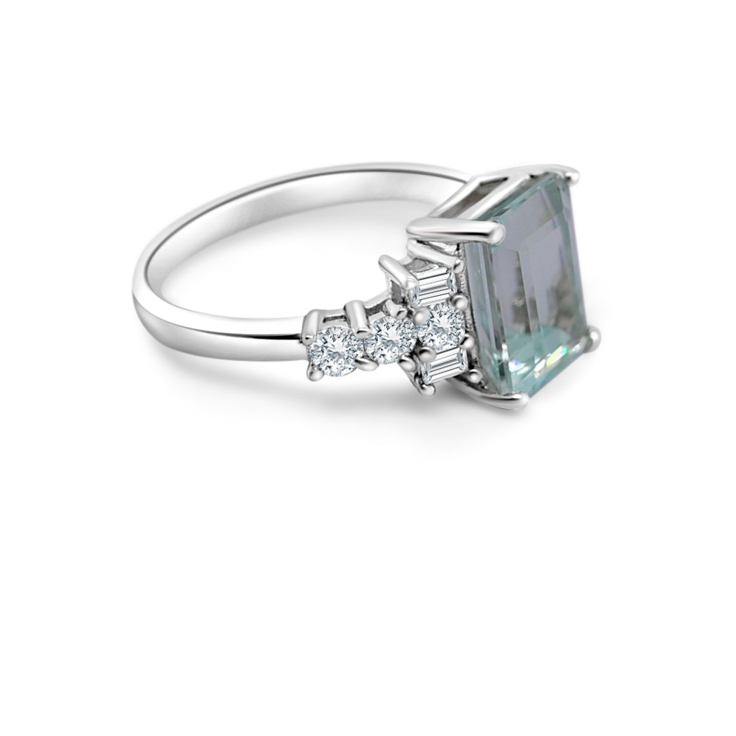 Emerald Cut Aquamarine Side Stone Engagement Ring in Sterling Silver - Bluestargemstones - - 