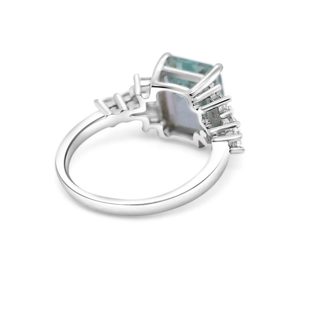 Emerald Cut Aquamarine Side Stone Engagement Ring in Sterling Silver - Bluestargemstones - - 