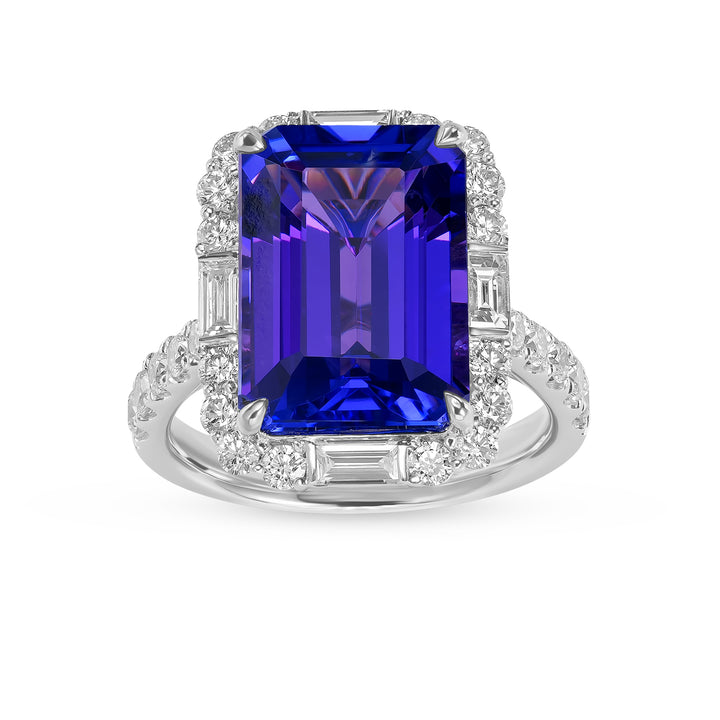 Natural Emerald Cut Tanzanite Diamond Halo Statement Ring in 14K White Gold – 10.120 Ct Tanzanite Ring - Natural Emerald Cut Tanzanite Diamond Halo Statement Ring in 14K White Gold – 10.120 Ct Tanzanite Ring