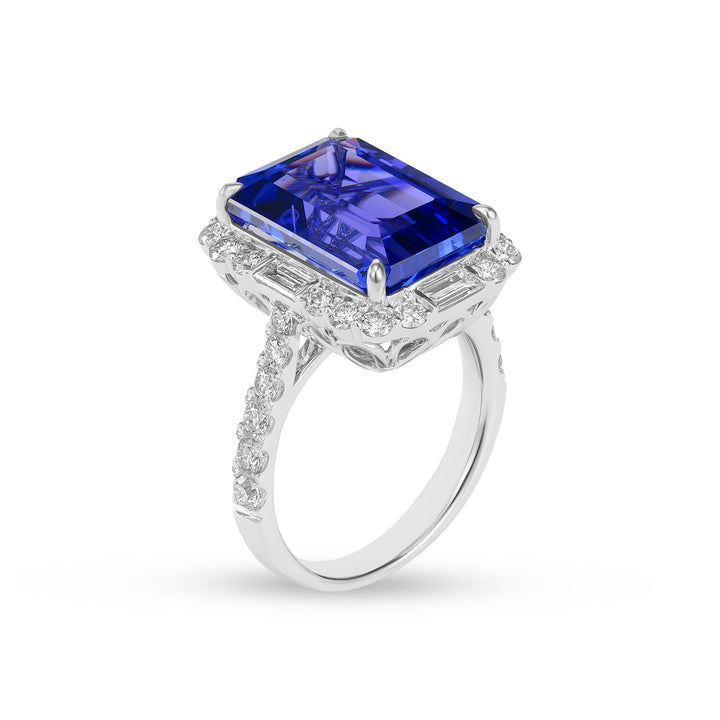 Natural Emerald Cut Tanzanite Diamond Halo Statement Ring in 14K White Gold – 10.120 Ct Tanzanite Ring