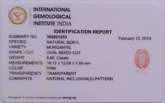 Natural Pink Morganite Oval Shape Top Quality Faceted Cut 8.60 Cts IGI Certificate 16.12x12.08x7.89MM Loose Cut Gemstone - Bluestargemstones - - 