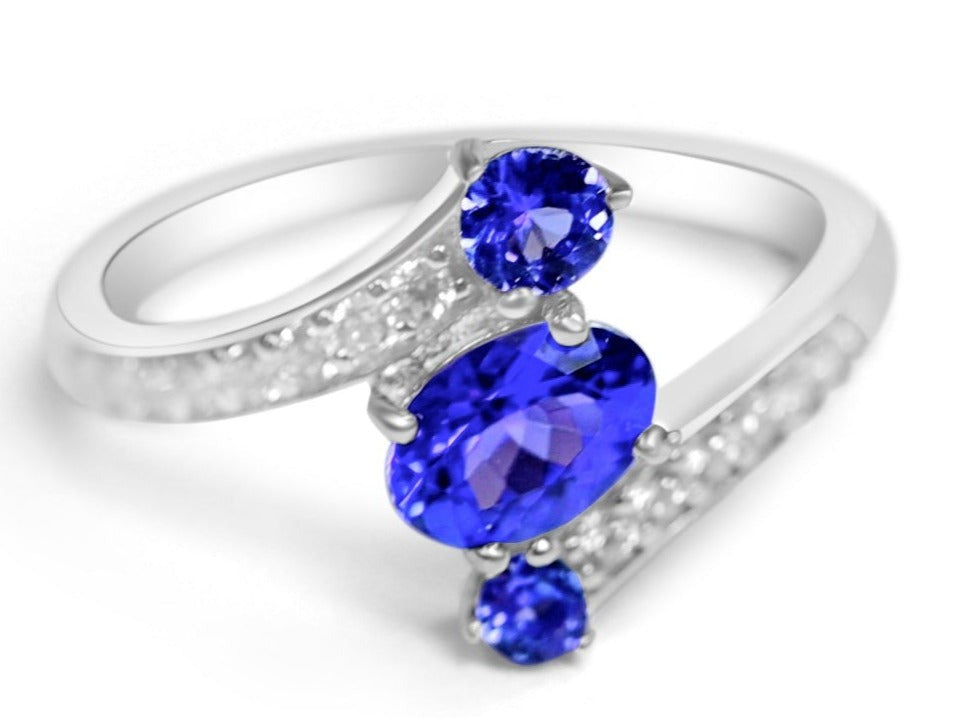 Natural Tanzanite Three Stone Ring Sterling Silver Rings - Bluestargemstones - - 