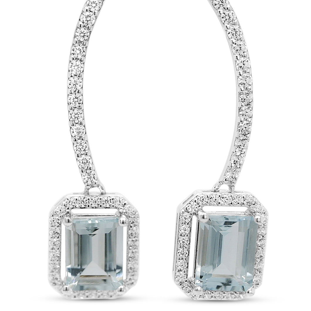 Octagon Aquamarine and Round White CZ / Rhodium Plated Sterling Silver 49.40 cts / 2.75 Gm Earring PJC31628E - Bluestargemstones - - 