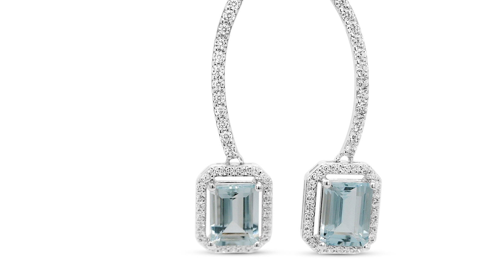 Octagon Aquamarine and Round White CZ / Rhodium Plated Sterling Silver 49.40 cts / 2.75 Gm Earring PJC31628E - Bluestargemstones - - 
