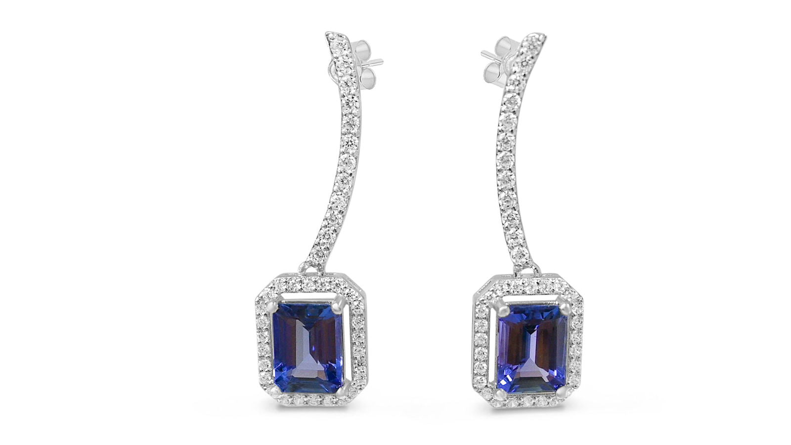 Octagon Tanzanite and Round White CZ Rhodium Plated 925 Sterling Silver 2.91 Cts / 2.81 Gm Earring PJC31628E - Bluestargemstones - - 