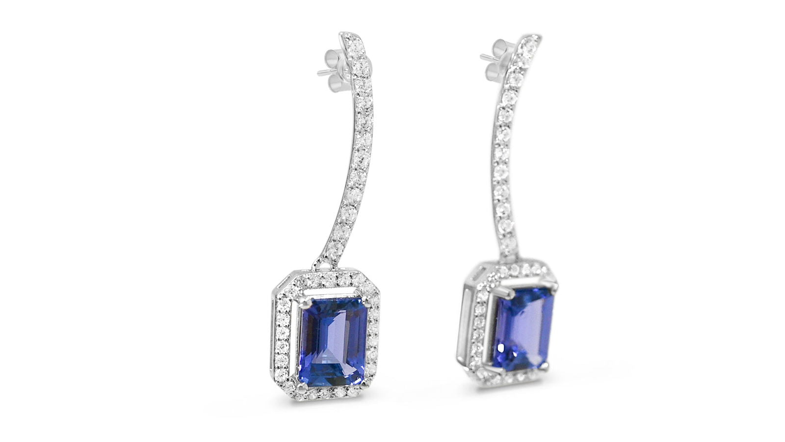 Octagon Tanzanite and Round White CZ Rhodium Plated 925 Sterling Silver 2.91 Cts / 2.81 Gm Earring PJC31628E - Bluestargemstones - - 