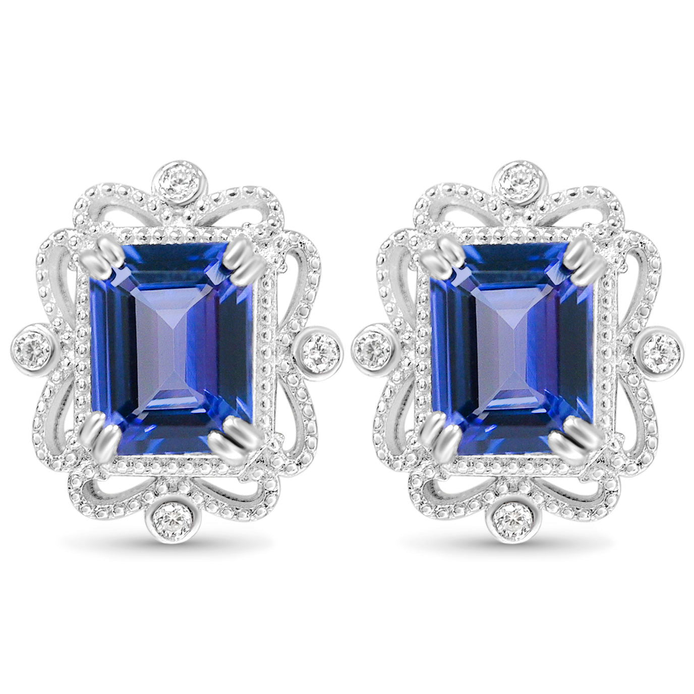 Octagon Tanzanite and Round White CZ Rhodium Plated 925 Sterling Silver 6.26 Cts / 3.81 Gm Earring PJC31656E - Bluestargemstones - - 