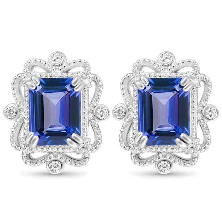 Octagon Tanzanite and Round White CZ Rhodium Plated 925 Sterling Silver 6.26 Cts / 3.81 Gm Earring PJC31656E - Bluestargemstones - -  - Octagon Tanzanite and Round White CZ Rhodium Plated 925 Sterling Silver 6.26 Cts / 3.81 Gm Earring PJC31656E