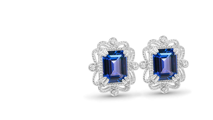 Octagon Tanzanite and Round White CZ Rhodium Plated 925 Sterling Silver 6.26 Cts / 3.81 Gm Earring PJC31656E - Bluestargemstones - - 
