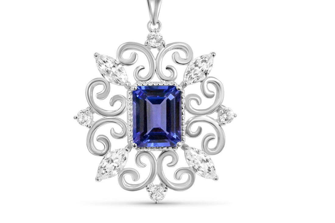Octagon Tanzanite and Round White CZ Rhodium Plated 9K Gold 8.49 Cts / 4.67 Gm Pendant PJC31577P - Bluestargemstones - - 