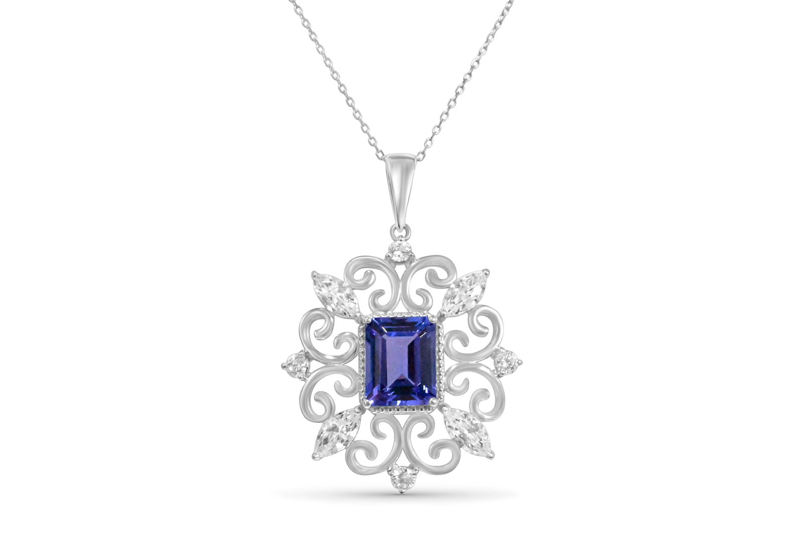 Octagon Tanzanite and Round White CZ Rhodium Plated 9K Gold 8.49 Cts / 4.67 Gm Pendant PJC31577P - Bluestargemstones - - 
