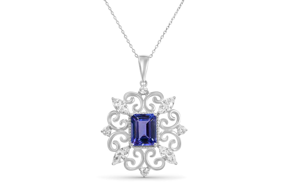 Octagon Tanzanite and Round White CZ Rhodium Plated 9K Gold 8.49 Cts / 4.67 Gm Pendant PJC31577P - Bluestargemstones - - 