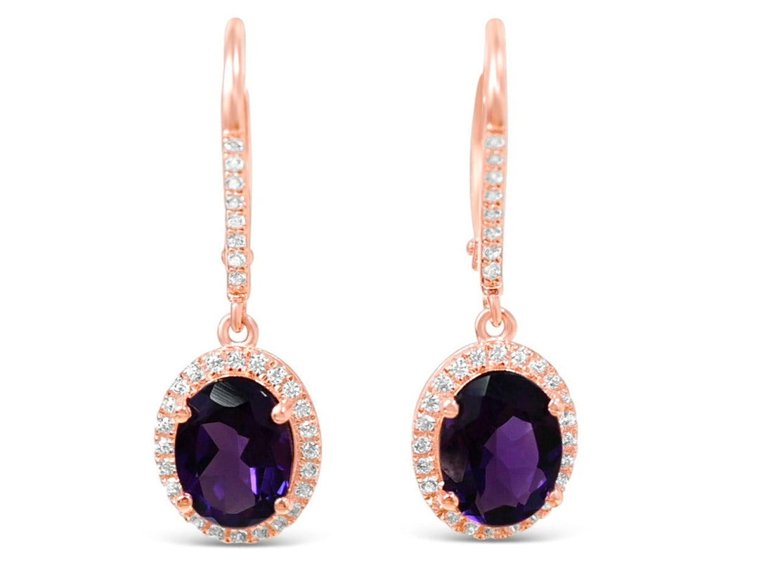 Oval Amethyst Leverback Dangle Halo Earrings 18K Rose Gold Overly - Bluestargemstones - - 