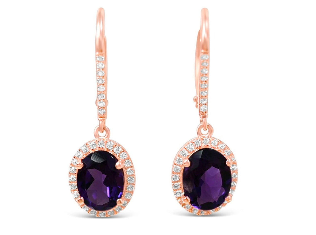Oval Amethyst Leverback Dangle Halo Earrings 18K Rose Gold Overly - Bluestargemstones - - 