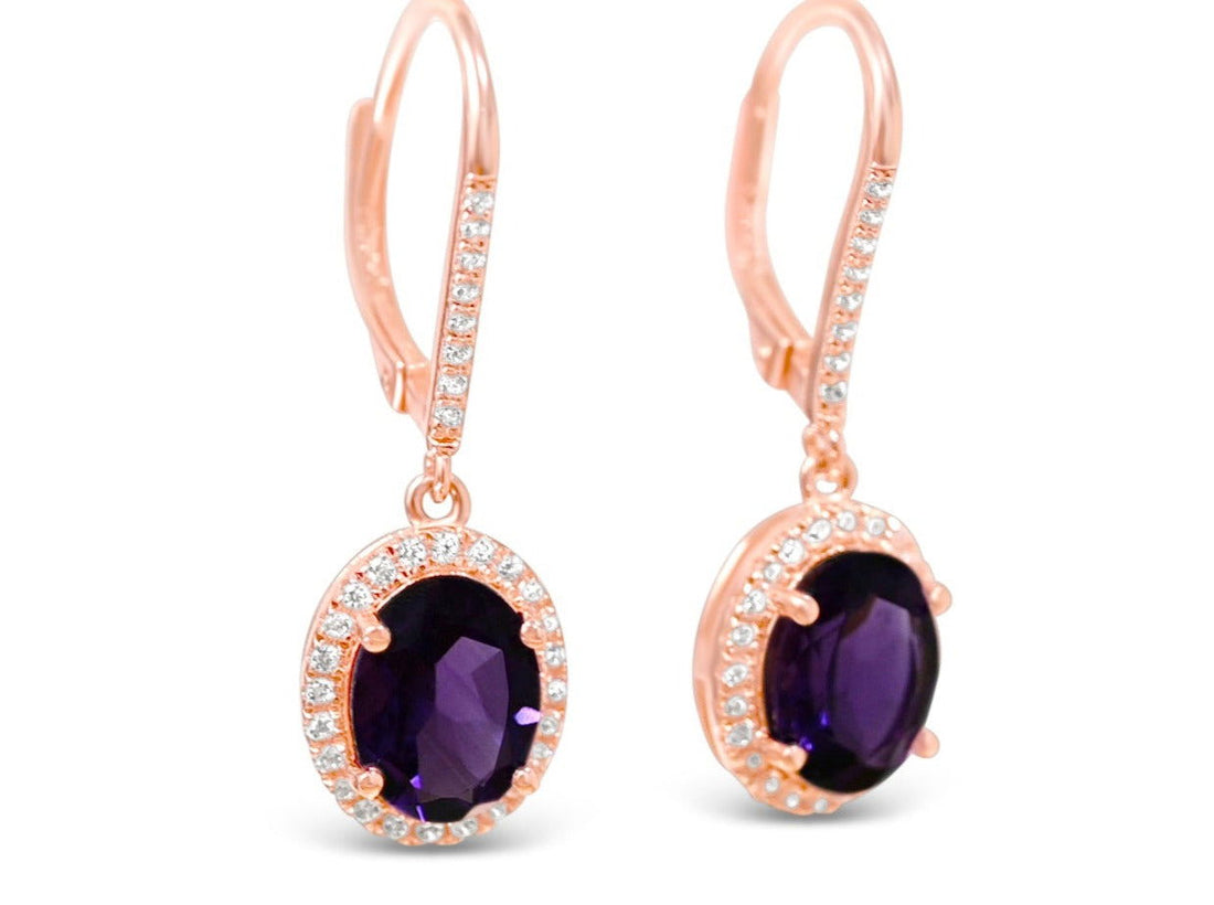 Oval Amethyst Leverback Dangle Halo Earrings 18K Rose Gold Overly - Bluestargemstones - - 