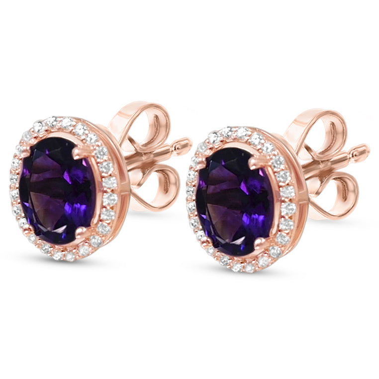 Oval Amethyst and Round White CZ 18K 1MM Rose Metal Plated 925 Sterling Silver 3.3 Cts / 1.37 Gm Earring PJC2142E - Bluestargemstones - - 