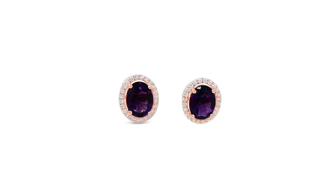 Oval Amethyst and Round White CZ 18K 1MM Rose Metal Plated 925 Sterling Silver 3.3 Cts / 1.37 Gm Earring PJC2142E - Bluestargemstones - - 