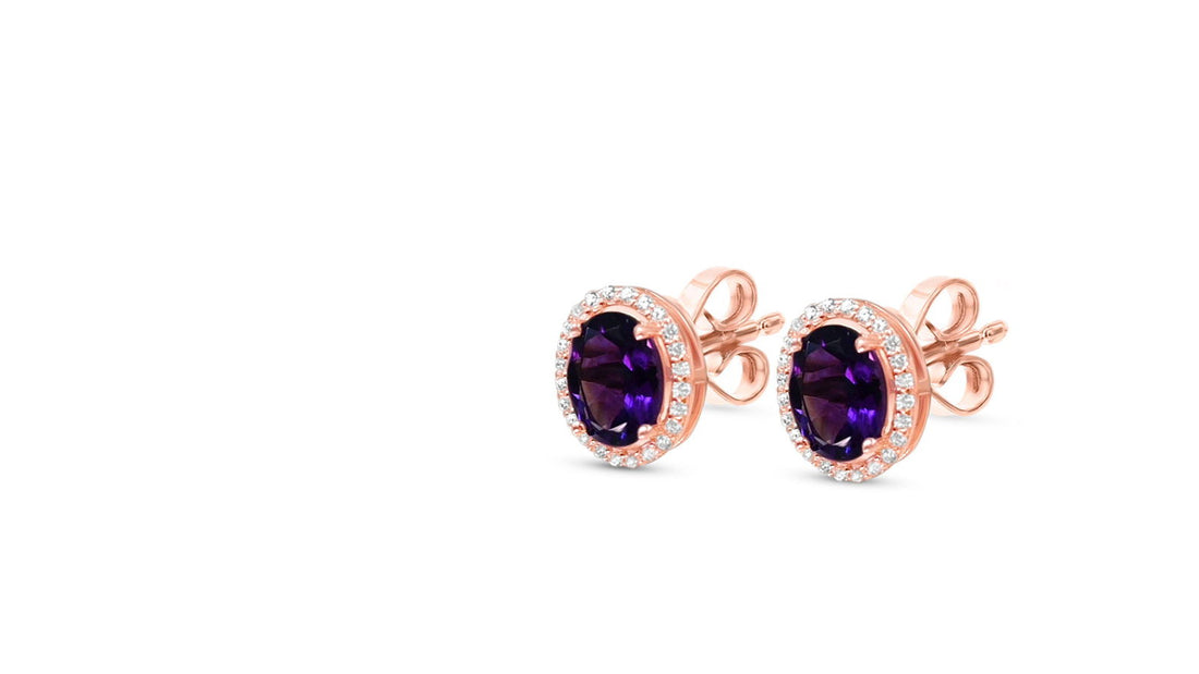 Oval Amethyst and Round White CZ 18K 1MM Rose Metal Plated 925 Sterling Silver 3.3 Cts / 1.37 Gm Earring PJC2142E - Bluestargemstones - - 