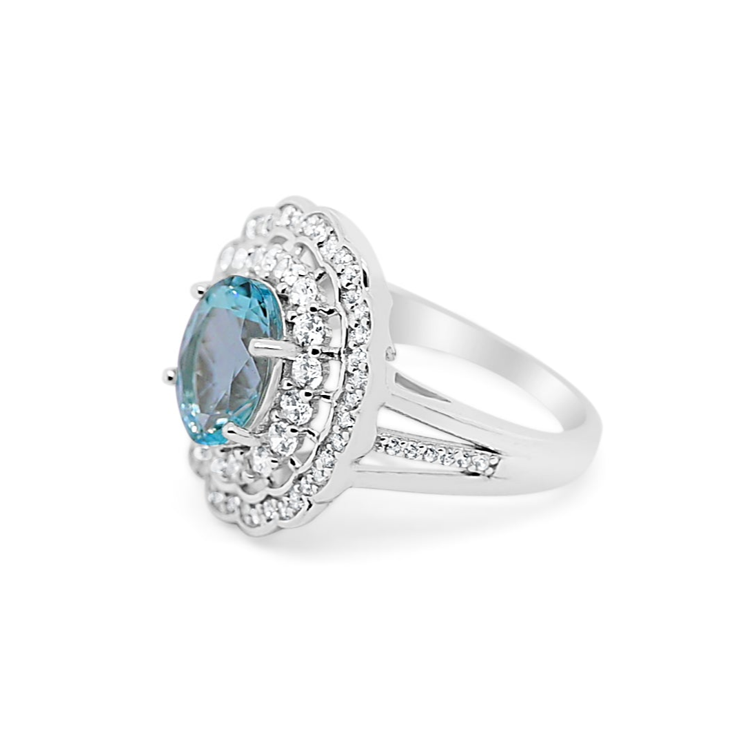 Oval Aquamarine Cluster Double Halo Cocktail Silver Ring For Womens - Bluestargemstones - - 