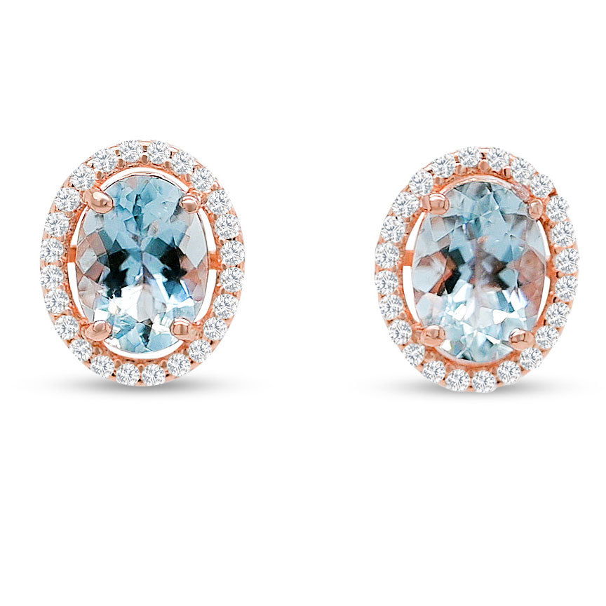 Oval Aquamarine and Round CZ / Rose Metal Plated Sterling Silver 23ct / 1.45 Gm Earring PJC2142E - Bluestargemstones - - 