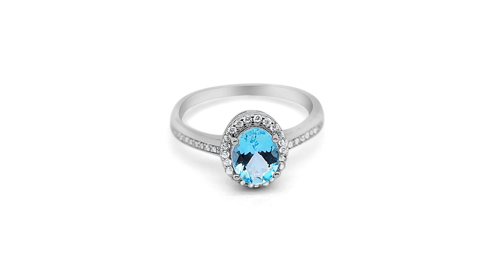 Oval Aquamarine and White CZ Rhodium Plated 925 Sterling Silver 1.80 Cts / 2.16 Gm Ring For Women's PJC2597R - Bluestargemstones - - 