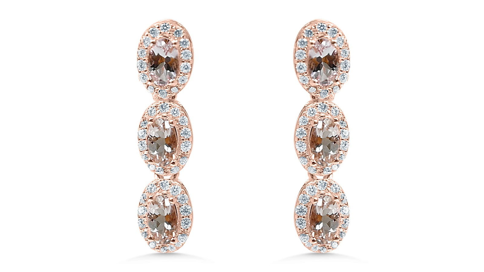 Oval Pink Morganite and Round White CZ 18K 1MM Rose Metal Plated 925 Sterling Silver 8.460 Cts / 5.56 Gm Earring PJC31577E - Bluestargemstones - - 