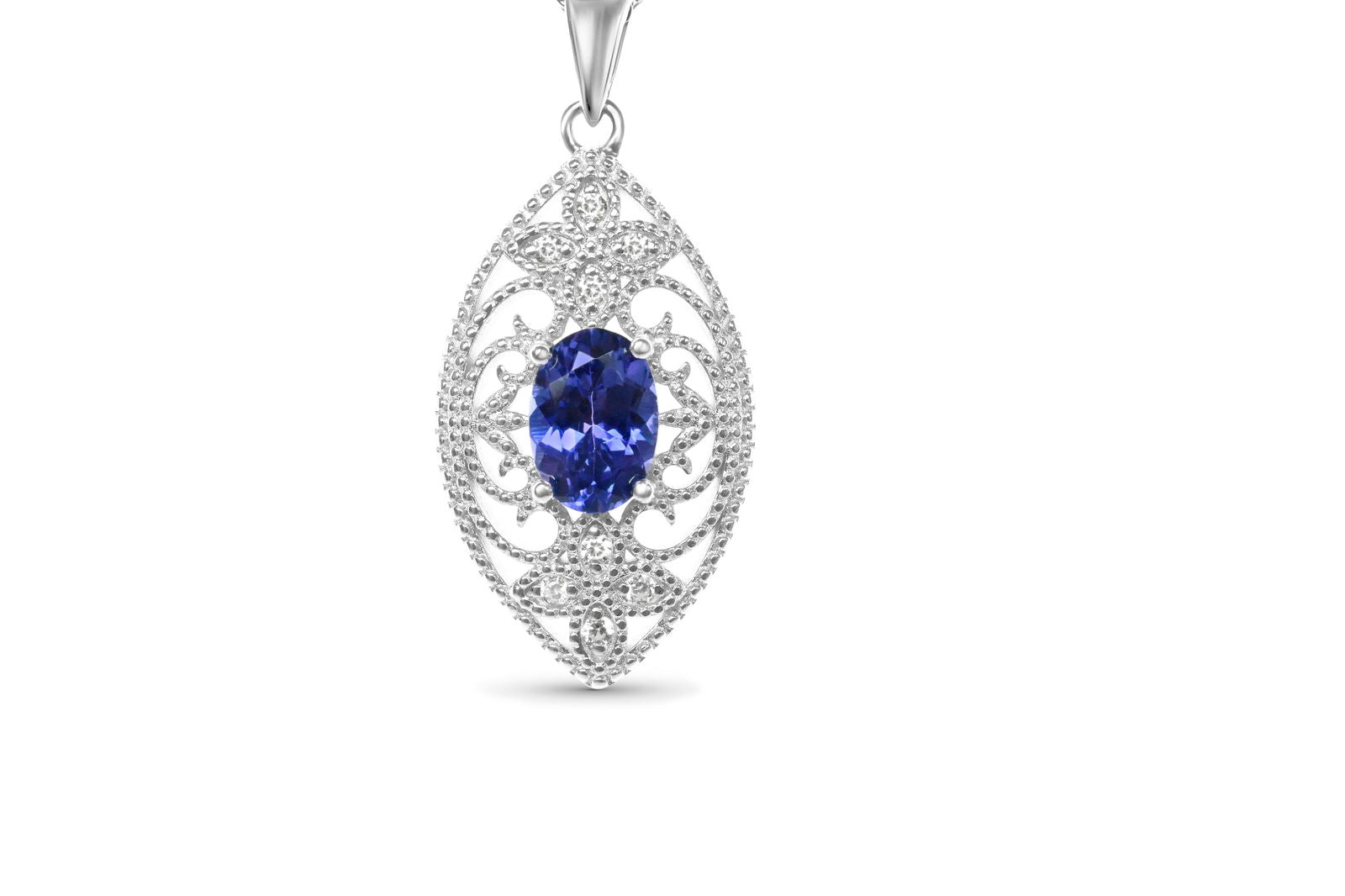 Oval Tanzanite and Round White CZ Rhodium Plated 925 Sterling Silver 1.82 Cts / 2.69 Gm Pendant PJC19445P - Bluestargemstones - - 