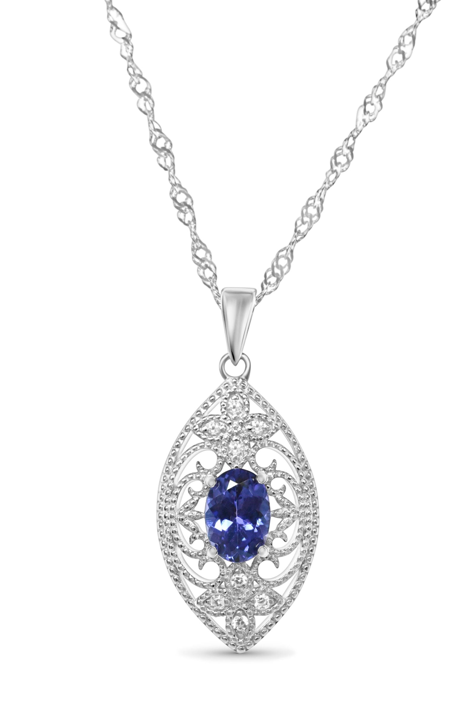 Oval Tanzanite and Round White CZ Rhodium Plated 925 Sterling Silver 1.82 Cts / 2.69 Gm Pendant PJC19445P - Bluestargemstones - - 