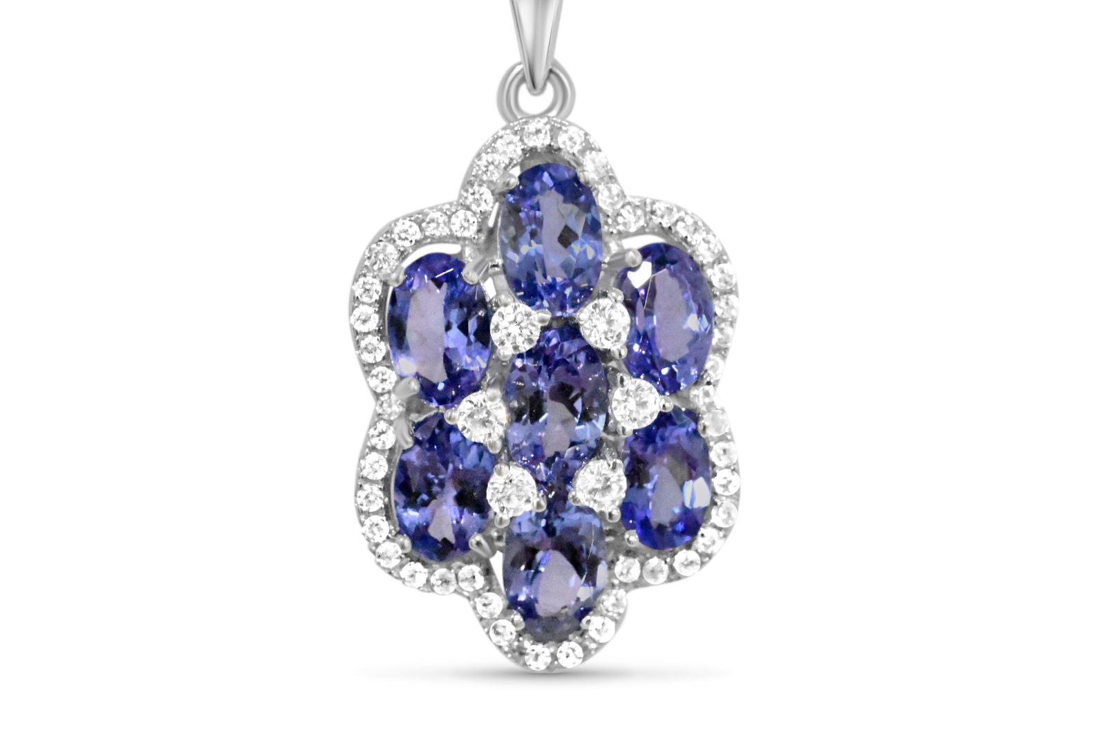 Oval Tanzanite and Round White CZ Rhodium Plated 925 Sterling Silver 11.76 Cts / 2.85 Gm Pendant PJC2719P - Bluestargemstones - - 