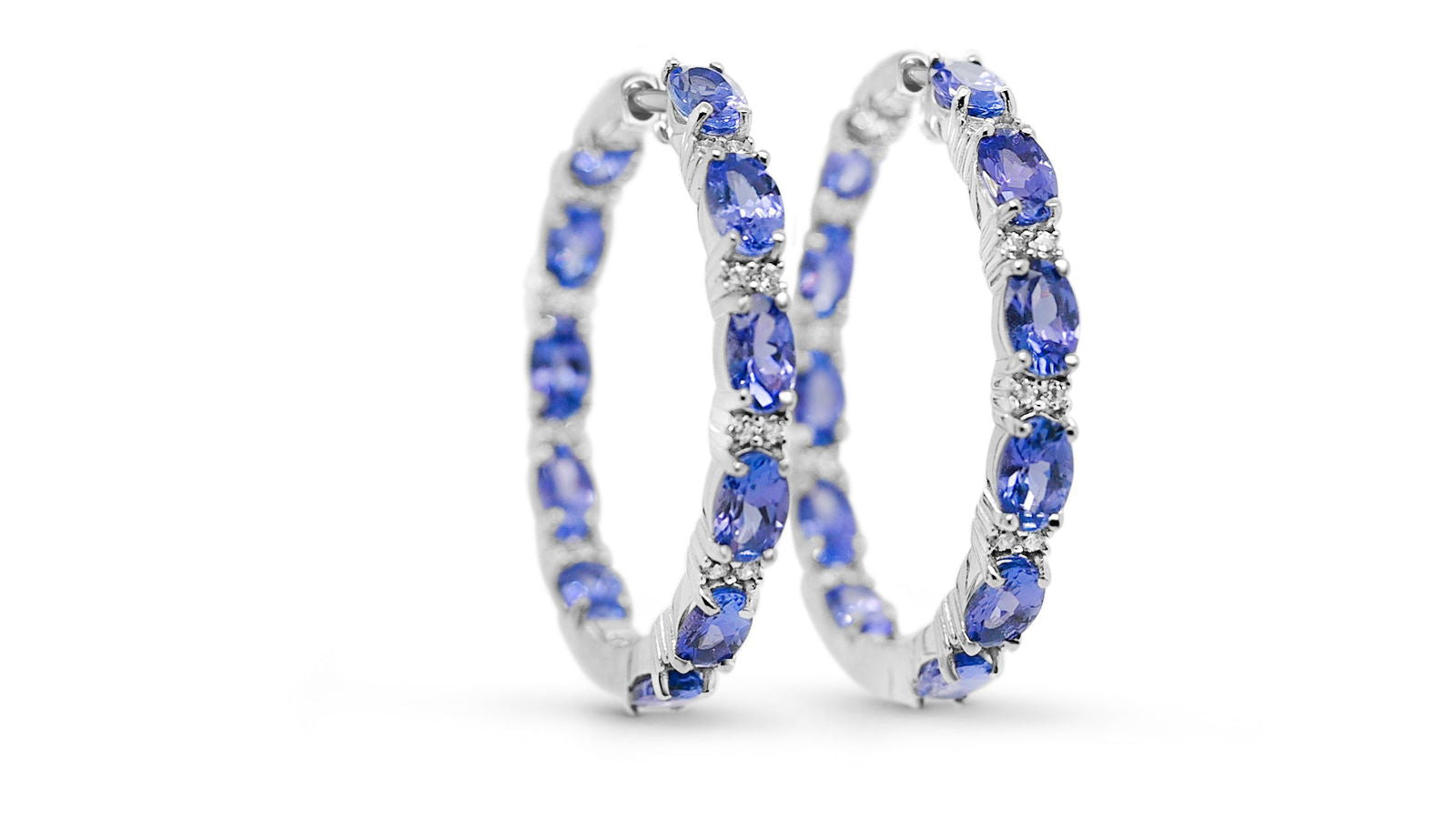 Oval Tanzanite and Round White CZ Rhodium Plated 925 Sterling Silver 17.43 Cts / 10.61 Gm Earring PJC18565E - Bluestargemstones - - 