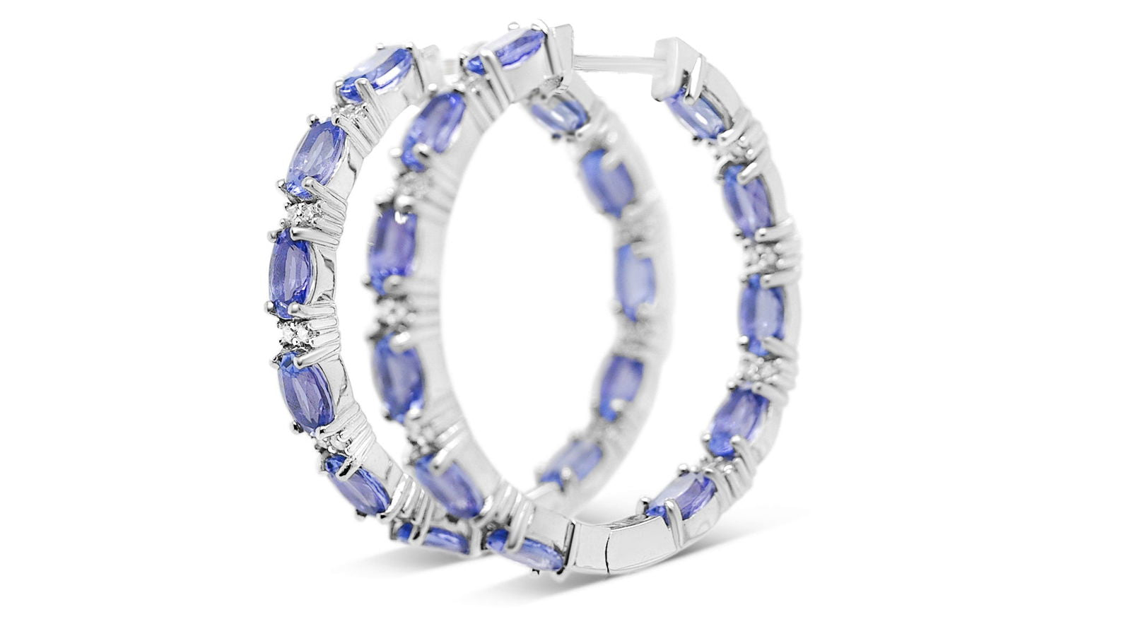 Oval Tanzanite and Round White CZ Rhodium Plated 925 Sterling Silver 17.43 Cts / 10.61 Gm Earring PJC18565E - Bluestargemstones - - 