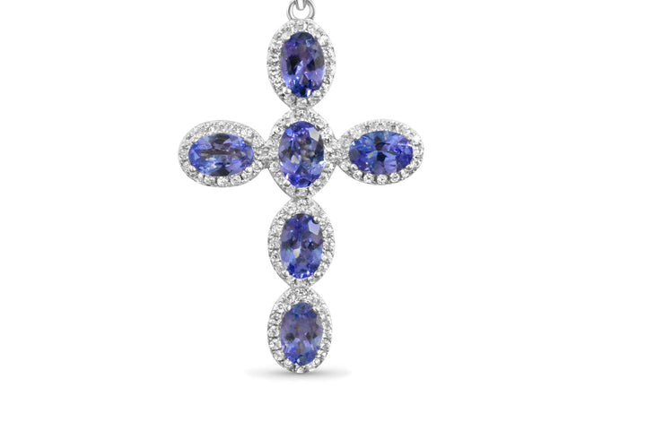 Oval Tanzanite and Round White CZ Rhodium Plated 925 Sterling Silver 18.06 Cts / 6.15 Gm Pendant PJC20493P - Bluestargemstones - -  - Oval Tanzanite and Round White CZ Rhodium Plated 925 Sterling Silver 18.06 Cts / 6.15 Gm Pendant PJC20493P